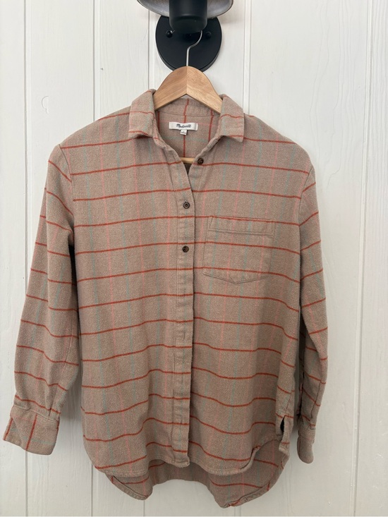 Madewell Tops - Madewell Beige Plaid flannel Shirt with Orange and Pastel Pink Stripes